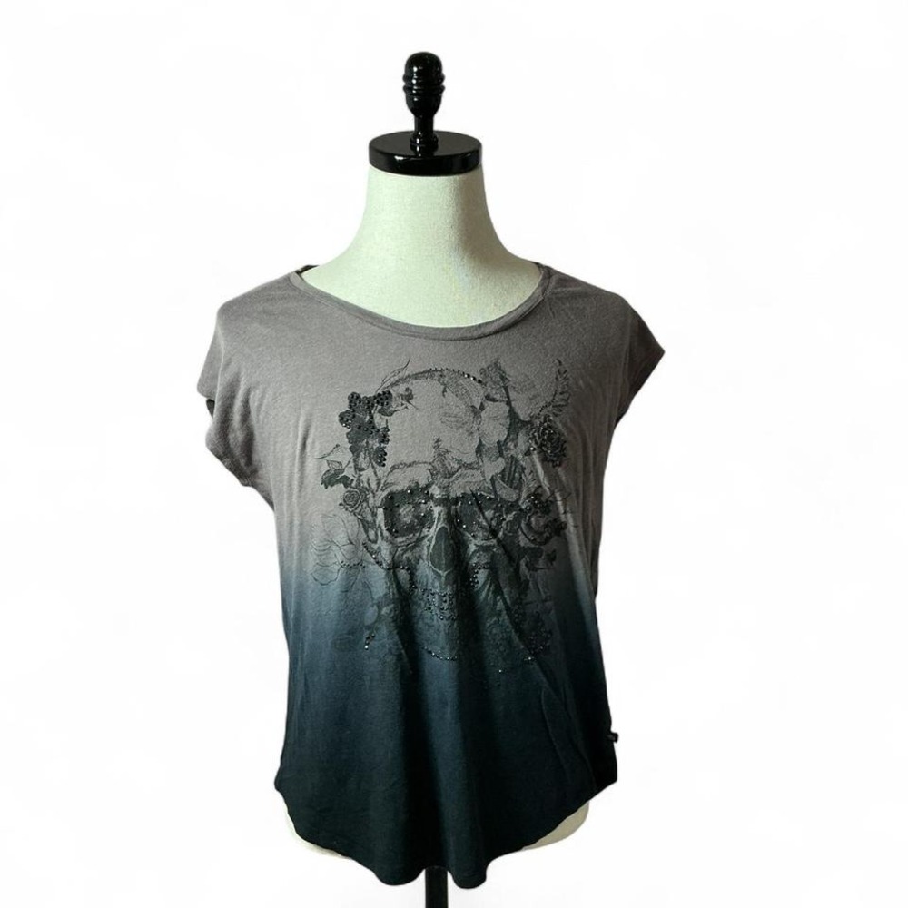 Rock Republic Skull Feather Graphic Tee Ombre Gray Black Top‎ M Grunge